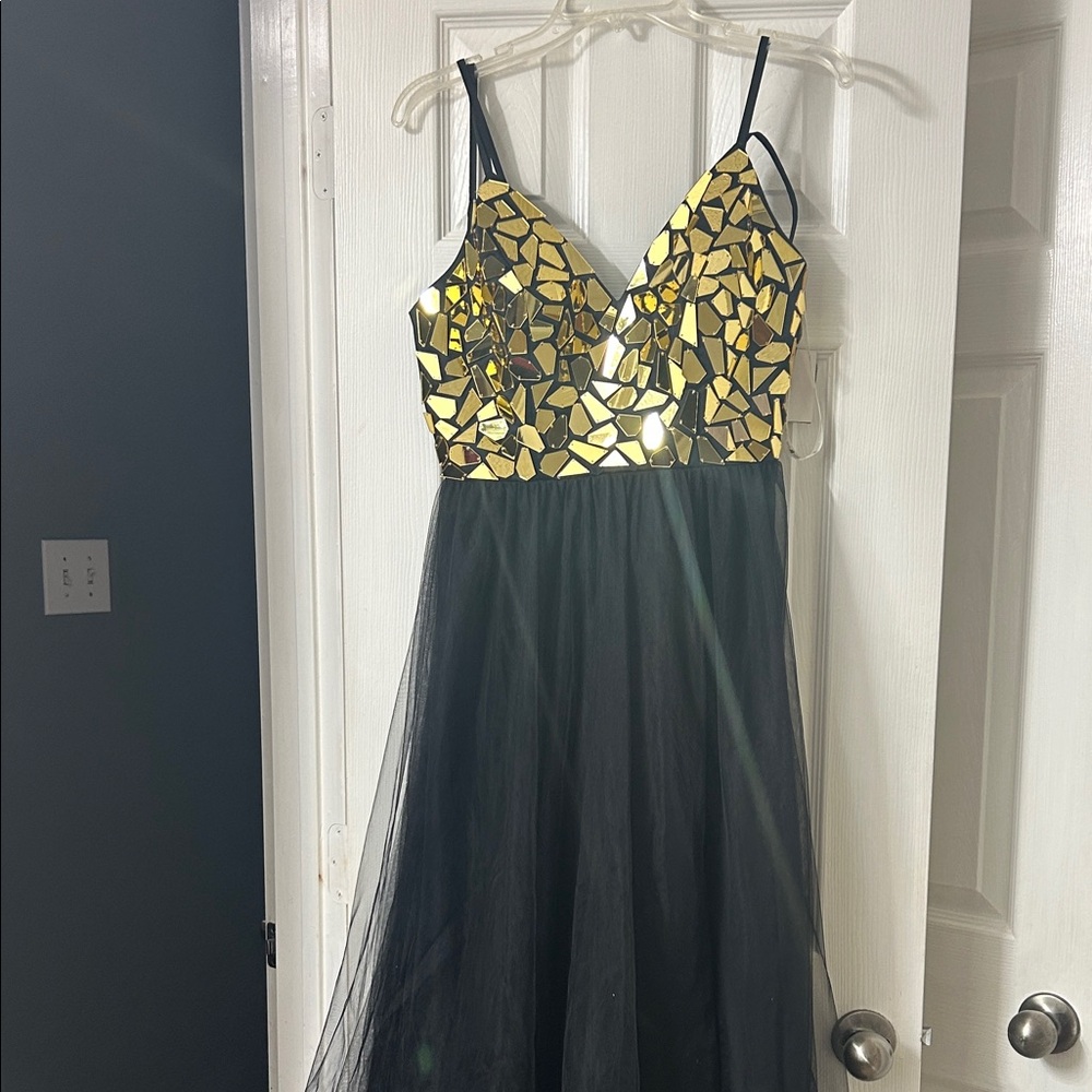Asymmetrical Black Tulle Dress with Gold Mosaic Bodice